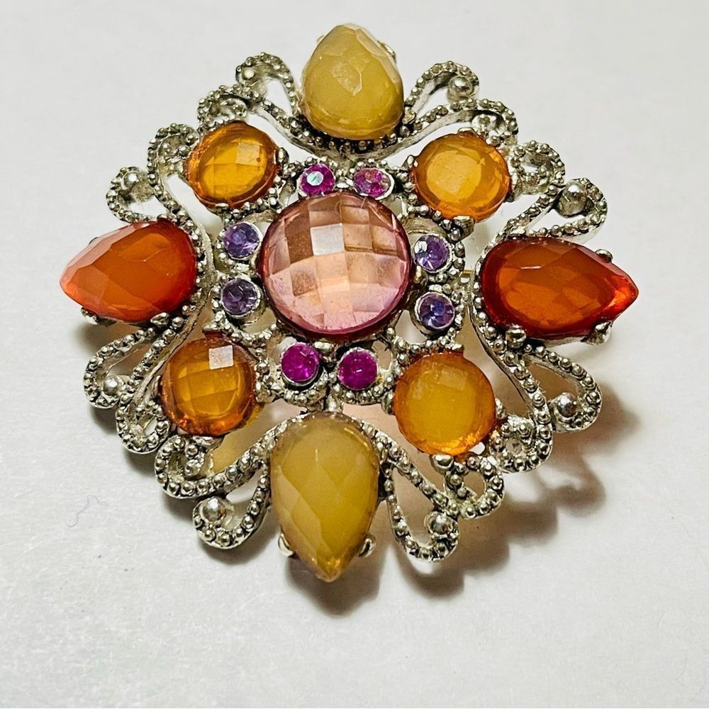 Vintage Silver-tone Faceted Rhinestone Brooch Necklace Pendant Colorful